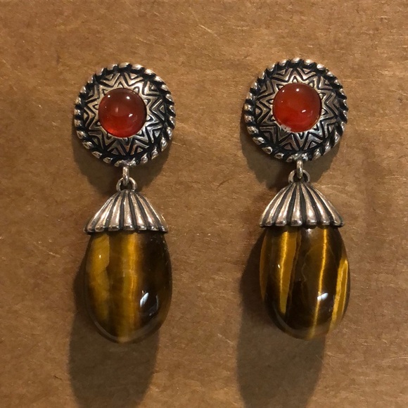CAROLYN POLLACK Sterling Silver Tigers Eye Red Garnet Drop Dangle Earrings - Picture 1 of 10